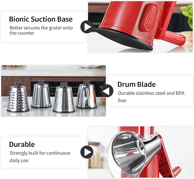 Weltonhm Rotary Cheese Grater with 4 Blades, Large Hand Crank Cheese Grater with Waffle Slicer, Black and White Cheese Slicer with Suction Base, Easier for Shredding& Grating (red, 4 Graters)