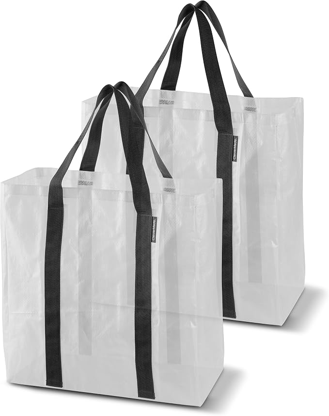 CleverMade Open-Top Storage Tote, 42L, 2 Pack, Transparent | Structured sides stay upright for grocery, laundry, beach, or delivery loading. Reinforced handles carry repeat-use loads.