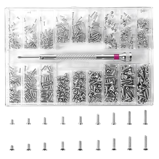 500-Pack Phillips Micro Self Tapping Screws Kit with Screwdriver | Stainless Steel Micro Self-Tapping Screws, 18 Assorted Sizes with Screwdriver for Eyeglasses, Watches & Small Electronics