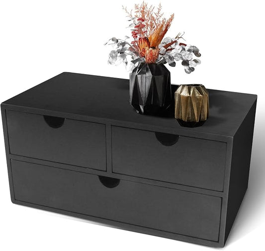 Charmewooden desk organizer with drawers countertop drawer organizer Tabletop Storage Organization Box Home Office Workspace Bathroom Toiletries Supplies (black)
