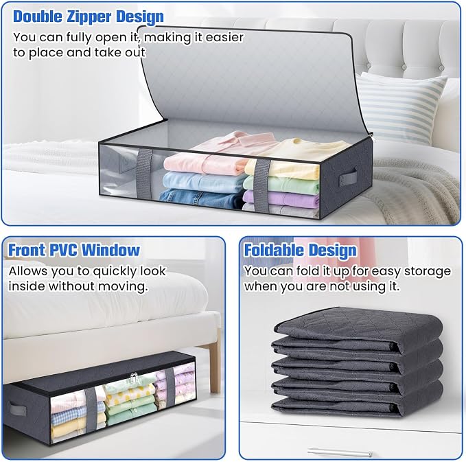 TasticTotes Under Bed Storage Containers, 2 Pack Blanket Storage Bags, Collapsible Storage Bags with Big Zippers, Clear Front, Shoe Storage and Organization for Clothes, Comforter, 60L, Grey