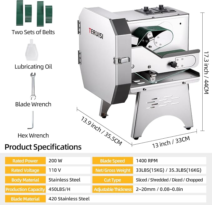 Commercial Vegetable Chopper, 200W Electric Vegetable Cutter 450LBS/H Production, Stainless Steel Onion Chopper with Upgrade Removable Belts & Blades, 2-20mm Adjustable Thickness, 110V