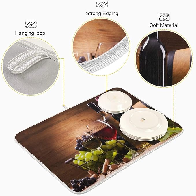 Red Wine Grape Floral Dish Drying Mat 18x24 for Kitchen Vintage Wooden Print Dishes Pad Dish Drainer Rack Mats Absorbent Fast Dry Elegant Kitchen Accessories