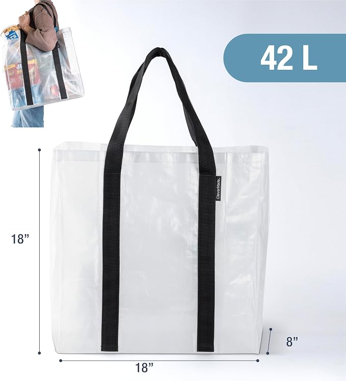 CleverMade Open-Top Storage Tote, 42L, 2 Pack, Transparent | Structured sides stay upright for grocery, laundry, beach, or delivery loading. Reinforced handles carry repeat-use loads.