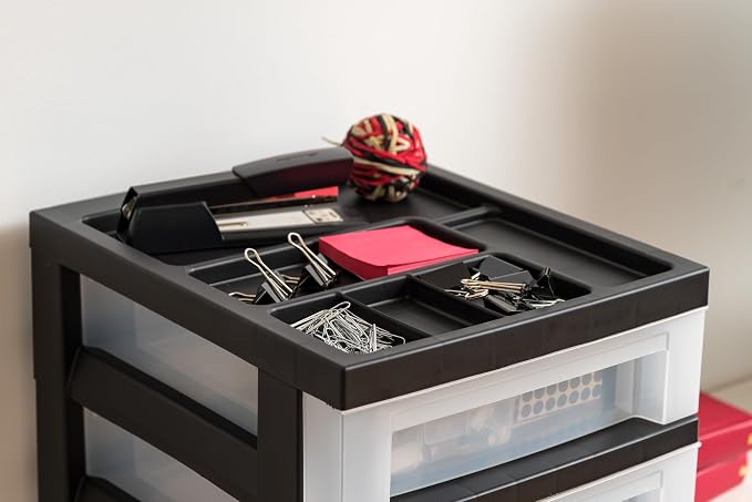 IRIS USA 10-Drawer Rolling Storage Cart, Black/Pearl | Keep craft supplies, office essentials, classroom items, and accessories organized with easy-access drawers for daily use