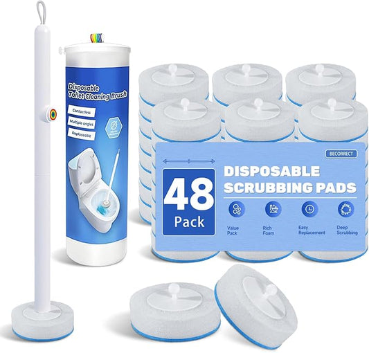 Disposable Toilet Brush with 48 Refills and Replaceable Scrubber Heads, Toilet Bowl Cleaner Wand and Wall-Mounted Holder, Space Saving Bathroom Cleaning System for Home, Apartment and RV