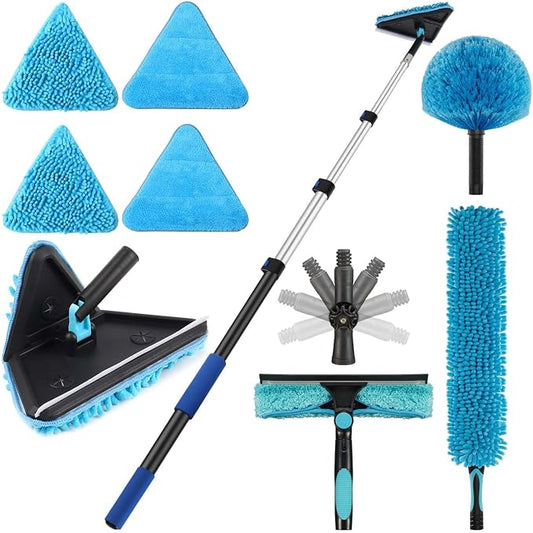30ft Painted Wall Mop, 24ft Extension Pole, 3-in-1 Cleaning Kit | Heavy Duty, High Ceiling Cleaning Tool, 4 Microfiber Chenille Pad, Cobweb Duster, Fan, Baseboard, Window Squeegee Kit