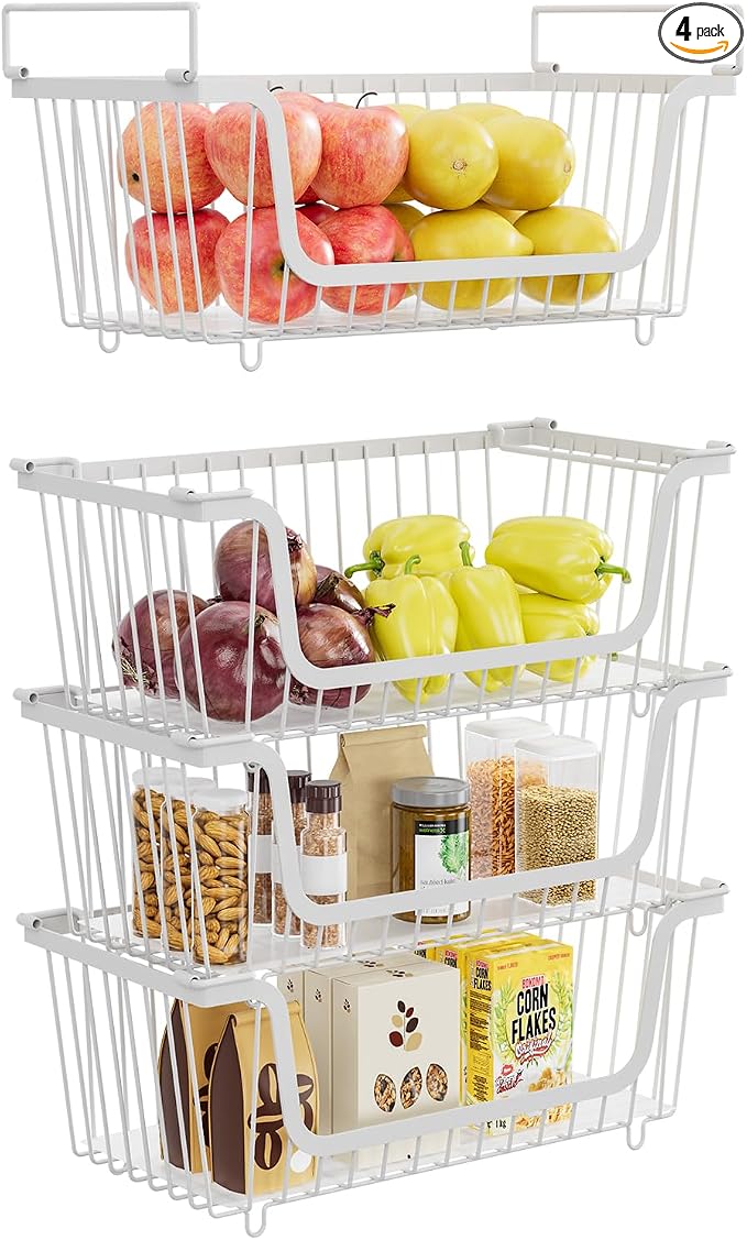 4 Pack Stackable Wire Baskets with Handles for Pantry Organizers and Storage, Fruit and Vegetable wire storage baskets, Potato and Onion Storage Bin, Metal Baskets for Organizing Snacks, Cans (White)