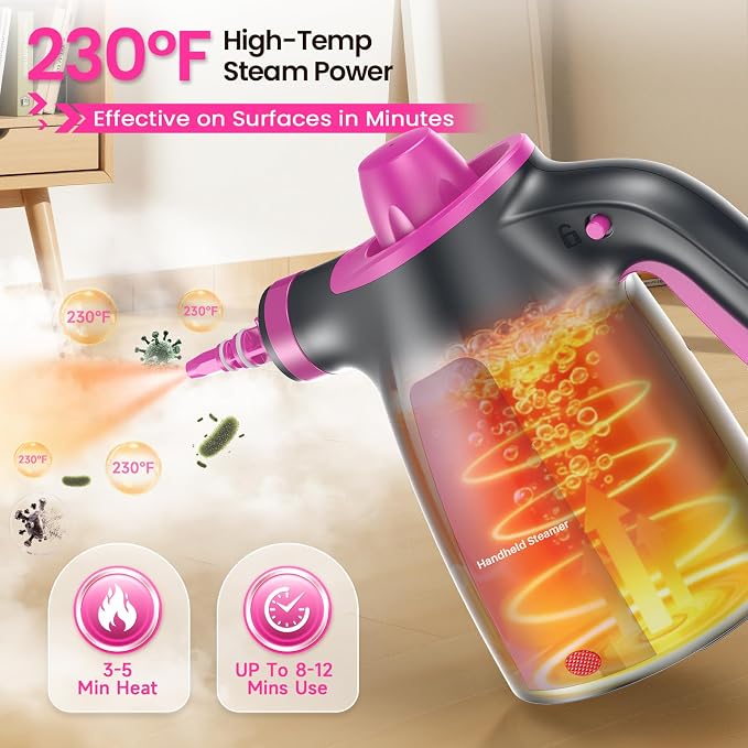 Steam Cleaner, Pressurized Handheld Multi-Surface Natural Steam Cleaner with 12pcs Accessory & Safety Lock, Portable Steamer for Cleaning Home, Kitchen, Bathroom, Car, Upholstery, Grout, Window
