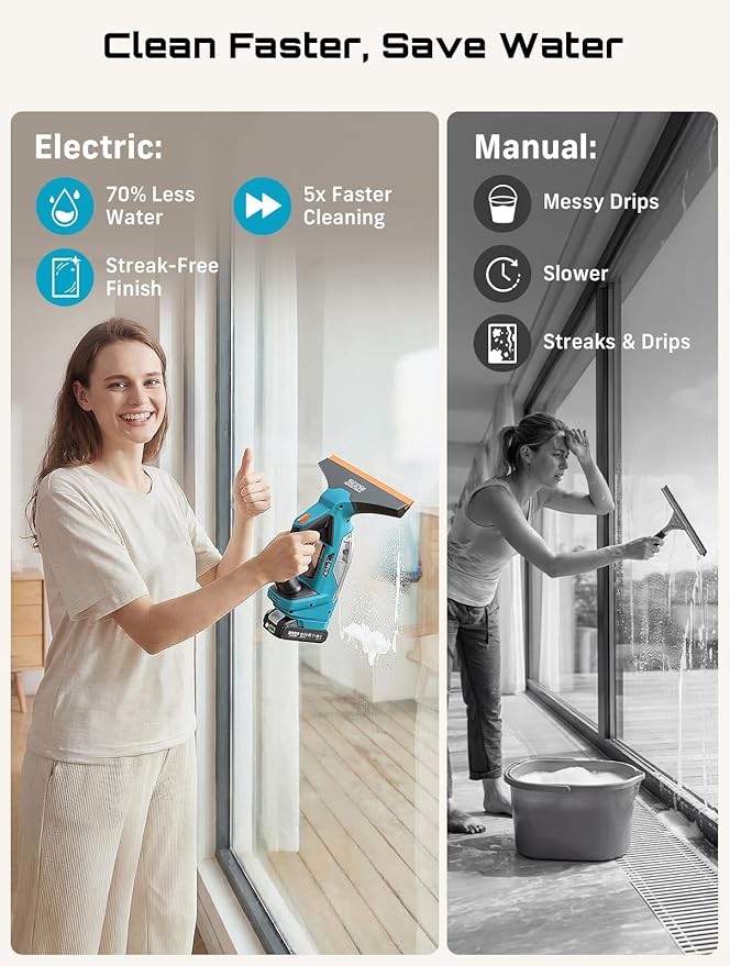 SEESII Cordless Window Vacuum Squeegee, 2000Pa Electric Window Squeegee, 120Mins Battery Life with 11" and 6.7" Squeegees for Mirrors, Glass, Tiles