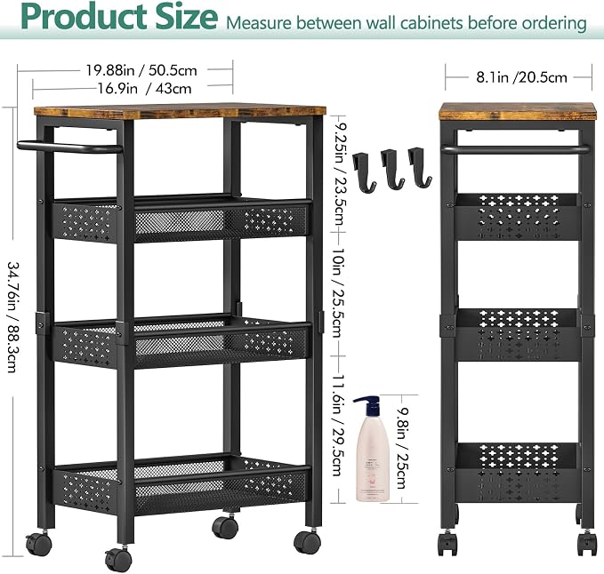 Vivihomety 4-Tier Laundry Utility Rolling Cart with Wheels, Kitchen & Bath | Narrow 8.1" wide, lockable wheels, wood top panel, metal frame, for laundry room, small spaces, pantry, tight gaps, Black