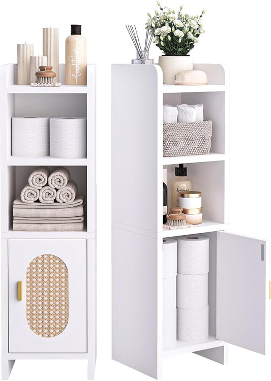 Small Bathroom Storage Cabinet, Narrow and Slim Storage Cabinet with Rattan Door and Adjustable Shelves, Corner Floor Bathroom Organizers and Storage for Small Space, White HSC001W
