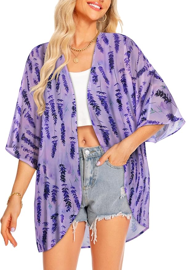 Women Kimono Cardigans Summer Cover Up Hawaiian Shirts Floral Print Tops | ROSEMIA chiffon kimono open front cardigans, beach cover ups, daily casual tops, cruise outfits, summer resort wear