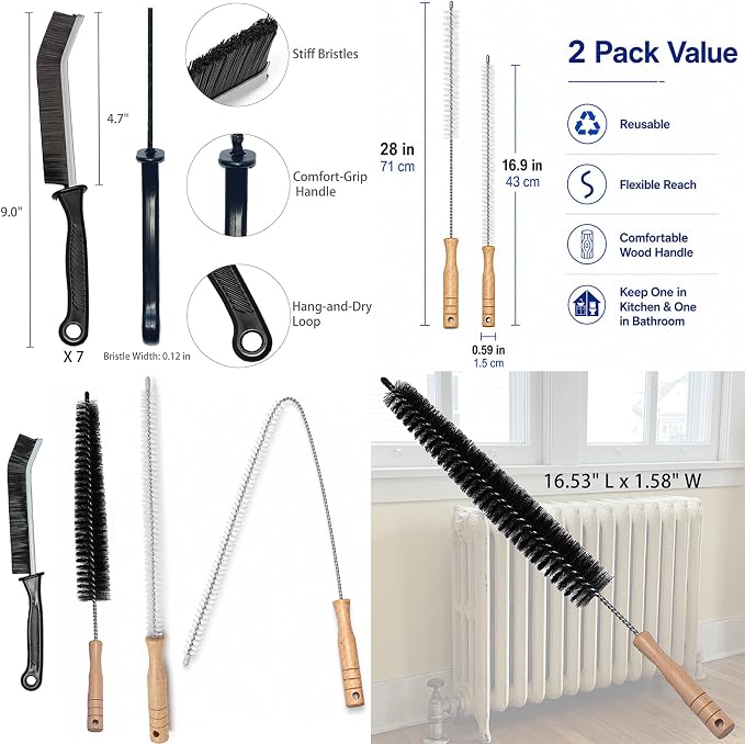 4 Pack Drain Cleaning Brush Set, Flexible Sink and Shower Drain Brush, Refrigerator Coil Radiator Brush, Thin Crevice Cleaning Brush for Bathroom, Kitchen, Vents and Tight Spaces