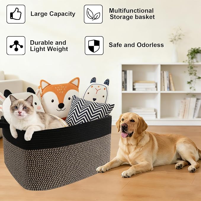 65L Laundry Basket with Handles, Woven Blanket Basket, Black/Jute | 21"×16"×12" Collapsible Cotton Rope Storage Basket for Toys Clothes & Pillows, Nursery, Bathroom, Bedroom, Living Room