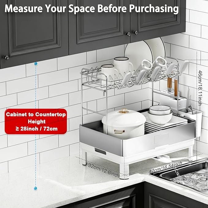 Ewaiira Dish Drying Rack, 2 Tier Large Dish Rack, Stainless Steel Dish Drainer for Kitchen Counter, Dishes Rack with Automatic Drainage, Utensil Holder&Cups Holder,Space Saving Kitchen Organizer,White