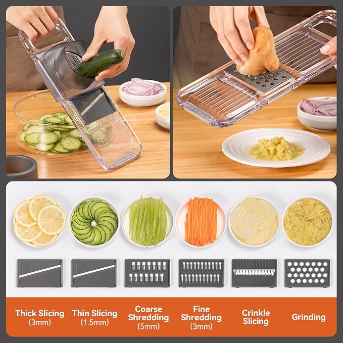 KEOUKE Transparent Multifunctional Mandoline Slicer with Large Strainer - 6 Blades Interchangeable, Handheld Vegetable Cutter with Hand Guard for Kitchen, Onion, Garlic, Safe Food Slicer