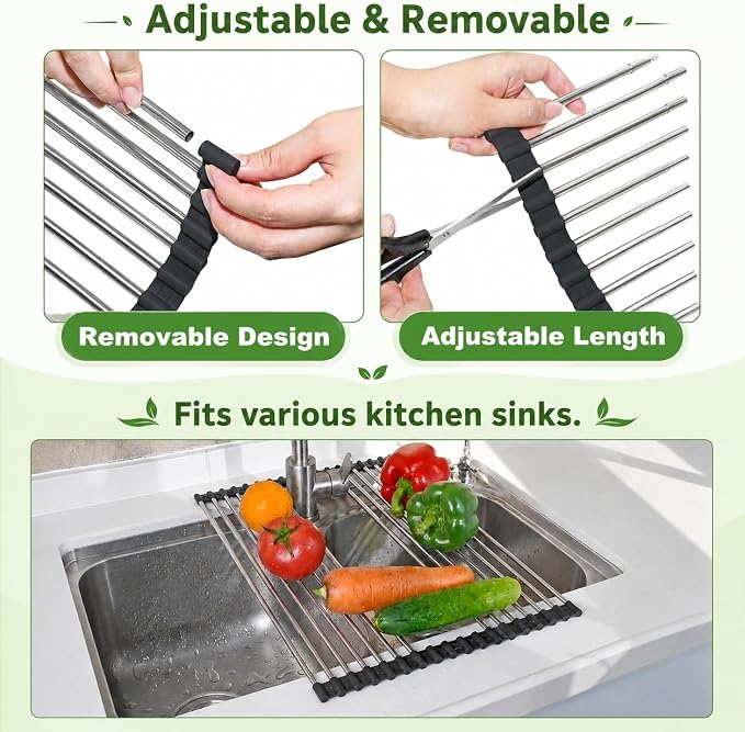 CHIRISEN Expandable Roll Up Dish Drying Rack Over the Sink Drying Rack for Kitchen Counter, Large Stainless Steel Dish Drainer Over Sink Dish Drying Rack Foldable, Collapsible, 21.14''x12'', 18Tube