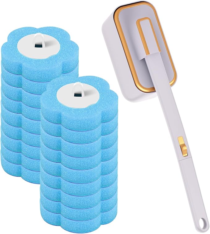 Toilet Brush Handle Kit, Toilet Wand Brush Head Disc, Disposable Toilet Bowl Cleaner Wand, Easy to Install for Bathroom Cleaning (Gray Cleaning Brush + 18 Blue Replacement Heads)