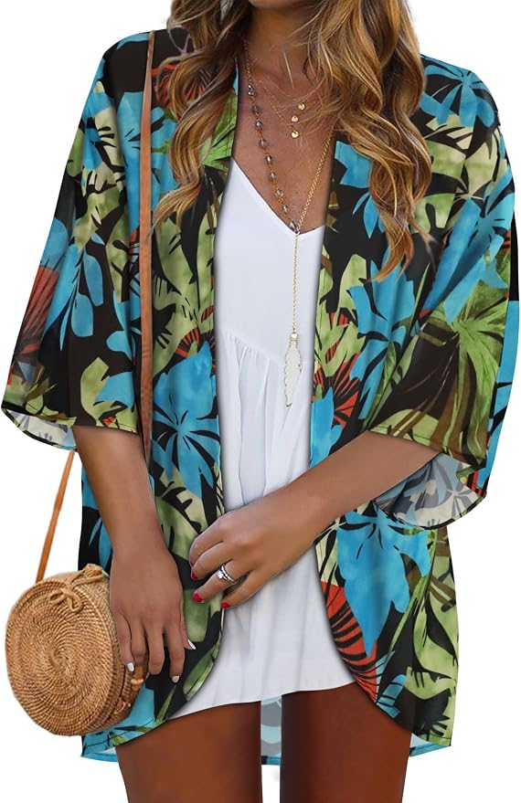 Women Kimono Cardigans Summer Cover Up Hawaiian Shirts Floral Print Tops | ROSEMIA chiffon kimono open front cardigans, beach cover ups, daily casual tops, cruise outfits, summer resort wear