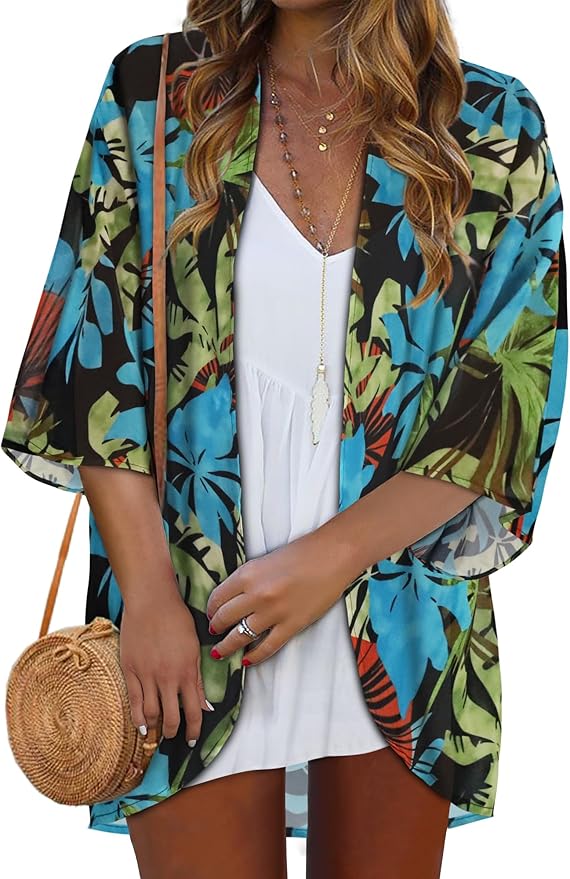 Women Kimono Cardigans Summer Cover Up Hawaiian Shirts Floral Print Tops | ROSEMIA chiffon kimono open front cardigans, beach cover ups, daily casual tops, cruise outfits, summer resort wear