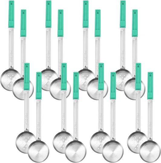 Teenyyou 16 Pcs Portion Control Serving Spoons, Restaurant Measuring Serving Ladle Utensils, Portion Control Slotted Scoops for Weight Loss, Solid and Perforated Scoops(Green,4 oz)