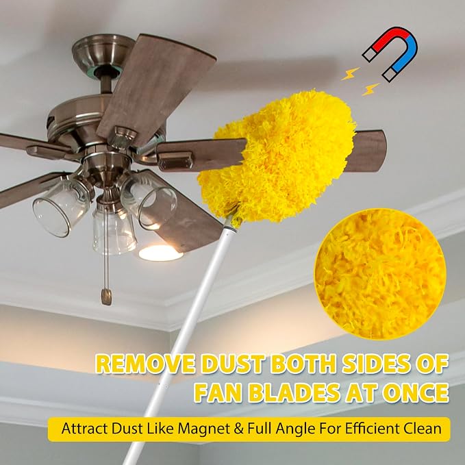 FONUNO Ceiling Fan Cleaner Duster High Ceiling Extended Fan Blade Cleaner | Reusable Microfiber Ceiling Fan Duster with Extension Handle from 13 to 50 Inch for Furniture Bookshelves Wall Door, Yellow