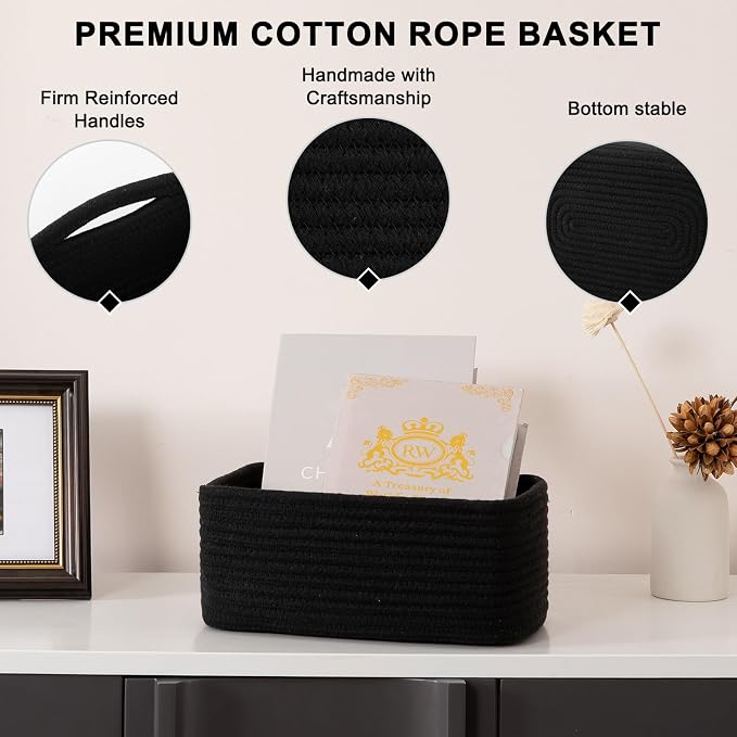 OIASKET 4 Pack Small Storage Shelf Baskets for Organizing, Mini Woven Rope Storage Bins for Towels, Cute Decorative Closet Organizer，Baby Nursery, Gift Empty Baskets -11.81''Lx7.87''Wx4.72''H-Black