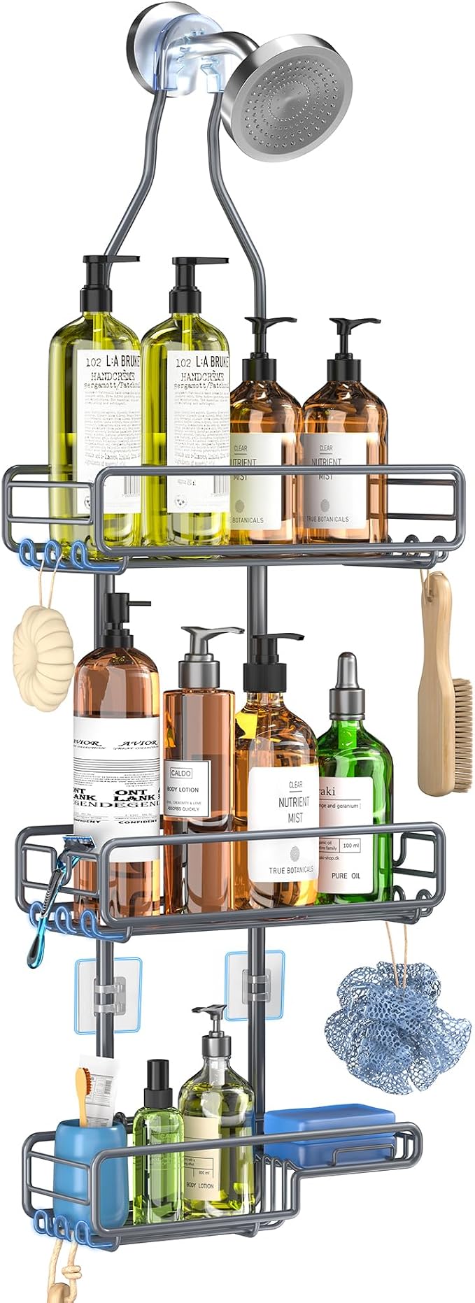 Skyapex Shower Caddy Hanging Bathroom Organizer: Over Head Adjustable Rack for Tall Showerhead - Extra Large Storage Shelf for Big Shampoo Bottles with Soap Holder (Grey)
