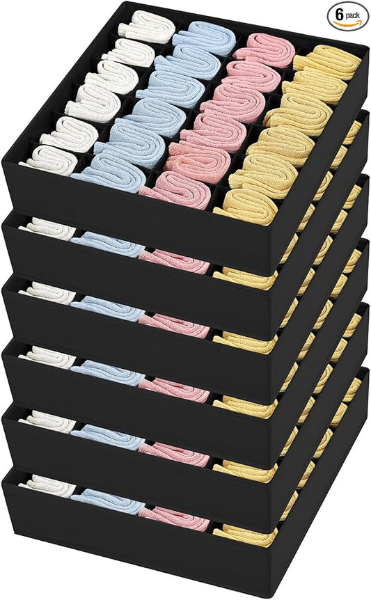 Joyoldelf Sock Organizer Drawer Organizer - Underwear Organizer, 24 Cell Collapsible Closet Organizers and Storage Sock Holders Organizers for Storing Socks, Ties, Belts 6 Pack Black