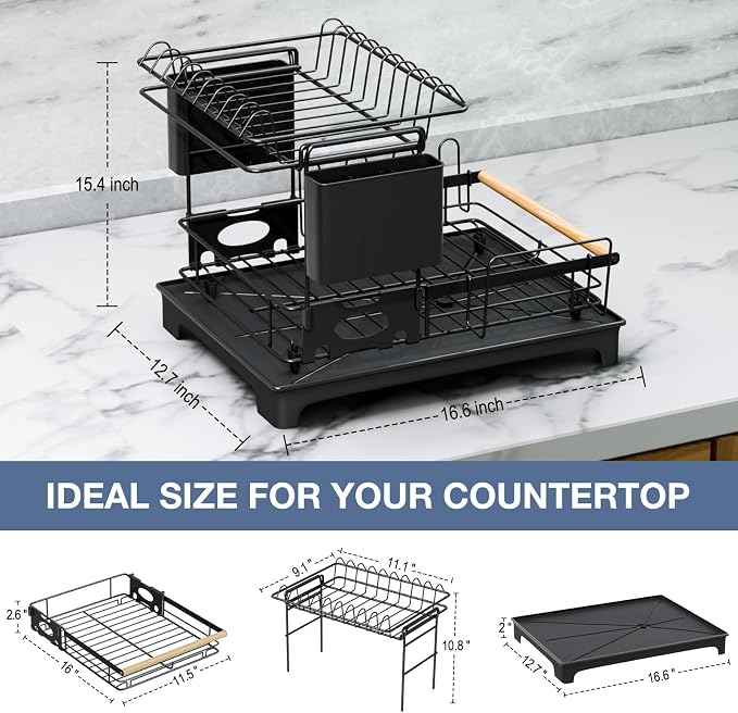 2-Tier Dish Rack Large Capacity Dish Drying Rack for Kitchen Counter Anti-Rust Dish Strainer with Drainboard, Cup Holder, Utensil & Cutting Board Organizer, Heavy Duty Metal, Black
