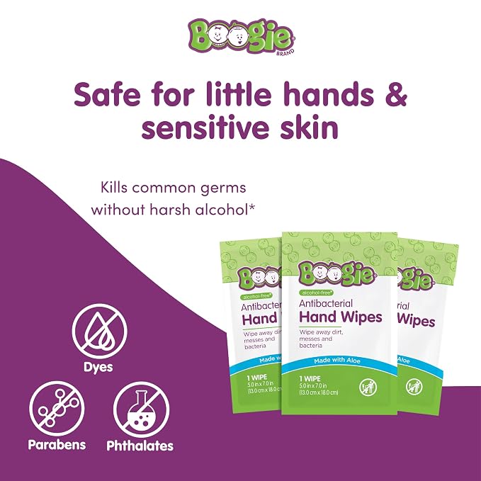 Boogie Antibacterial Hand Wipes - 30 Count - Hypoallergenic & Alcohol-Free - Individually Wrapped - Travel and Diaper Bag Essential