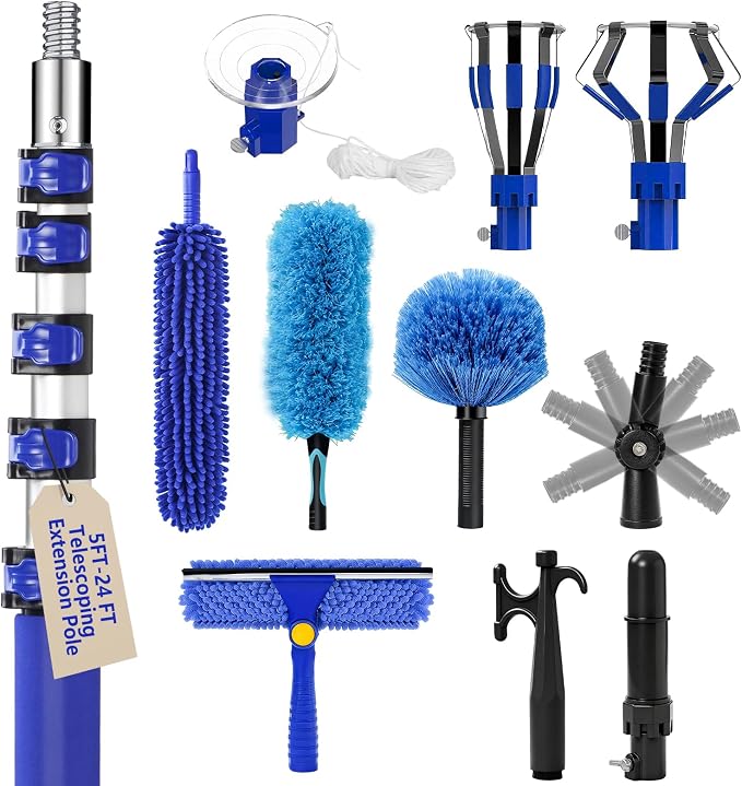 30FT High Ceilings Cobweb Dusters for Cleaning Kit with Extension Pole | Telescoping Lightbulb Changer,Spider Web Brush Extendable Duster,Ceiling Fan Cleaner and Window Squeegee Cleaning