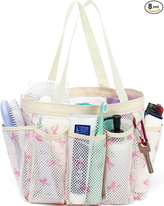 Fammart Mesh Shower Caddy Portable for College Dorm Room Essentials, Odorless Polyester Large Shower Tote Bag with Dual Handles, 8-Pocket Quick-Dry Toiletry Organizer for Travel, Beach, Camping, Gym