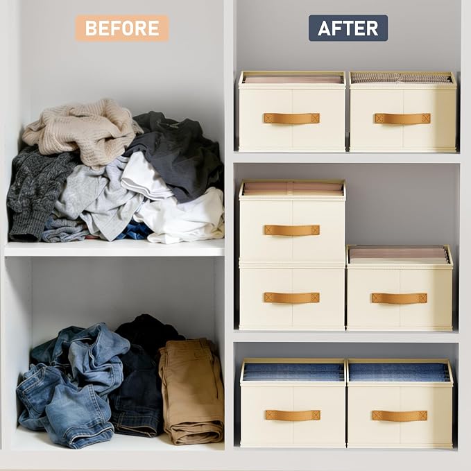 DIMJ Wardrobe Clothes Organizer - 4/5/7 Grids Foldable Closet Drawer Organizer Dividers for Jeans, Pants, Sweater, T Shirt, Storage Bins with Handles for Shelf