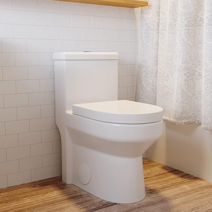 DeerValley Compact One Piece Toilet Standard Seat Height for Small Bathroom Dual Flush 1.1/1.6 GPF Powerful and Quiet 10'' Rough-In Skirted Toilet White