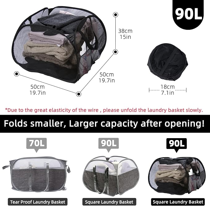 Collapsible Laundry Basket, 90L Mesh Pop-up Hamper with Handles | Foldable Storage Clothes Bag for Laundry, Bathroom, Dorm, Travel, Camping, Space-saving, Black, 2PCS