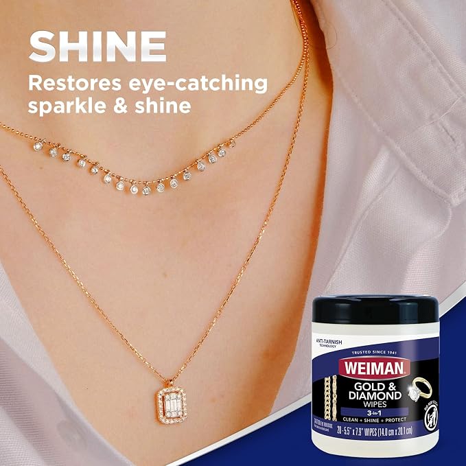 Weiman Gold & Diamond 3-in-1 Wipes - The Premium Jewelry Cleaner, Removes Tarnish and Dirt, Restores & Protect Sparkle and Shine, Easy-to-Use Wipes, Safe for Silver, Platinum, Gemstone, Titanium