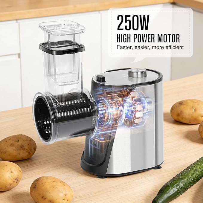 5-in-1 Electric Vegetables Chopper, 250W Cheese Grater Salad Shooter with 5 Different Blades, Kitchen Food Processor Cutter Slicer for Carrots, Potatoes, Nuts, Crackers, Salad Prep