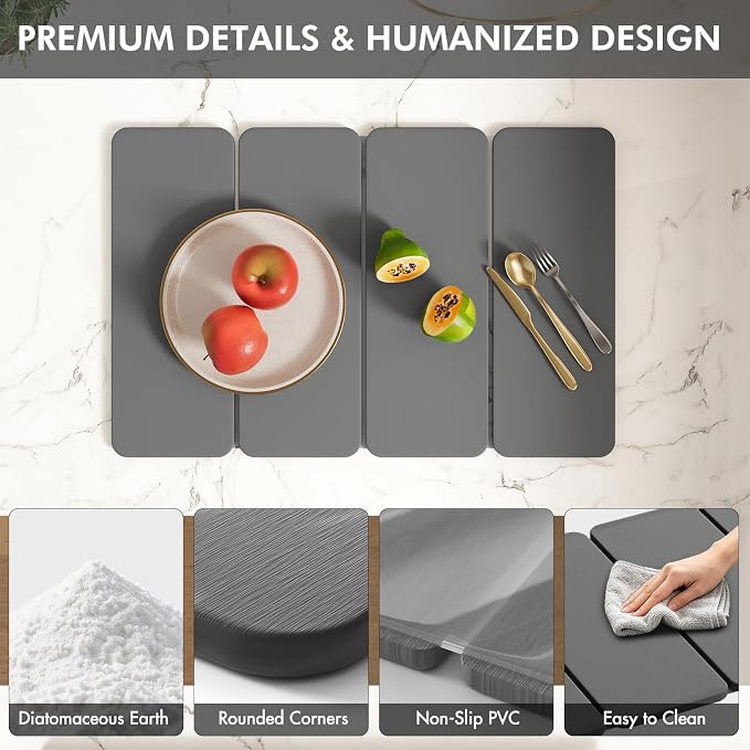 2-in-1 Diatomaceous Earth Dish Drying Mat and Bamboo Dish Rack Combo, 24x16 Inch Super Absorbent Fast Dry Stone Dish Drying Mat, Collapsible Space Saver for Kitchen Counter Bathroom Apartment