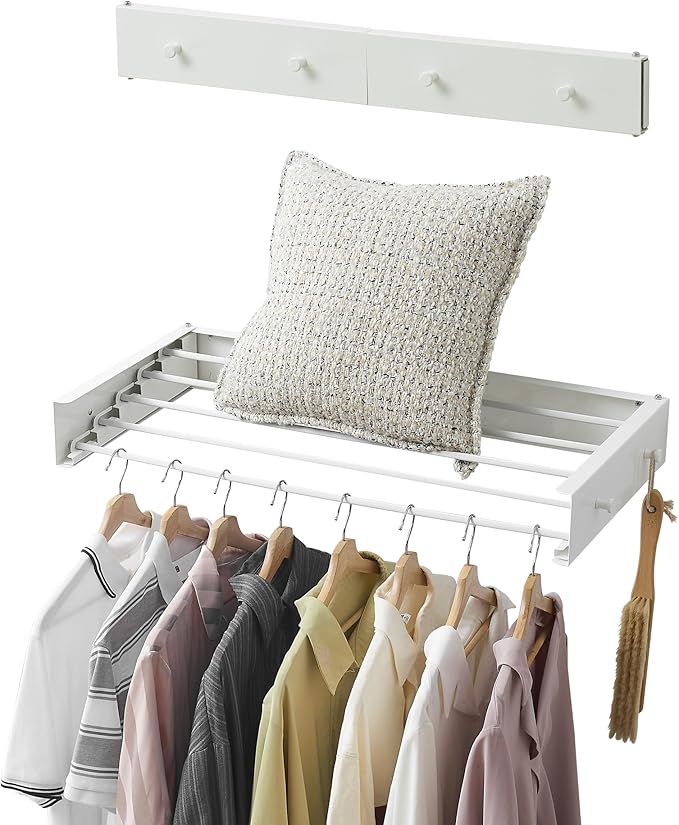 RFOUO Wall Mounted Clothes Drying Rack,White 31.5" with Hooks | Foldable,Space saver Drying Rack for Laundry Balcony Bathroom, 5 Aluminum Rods, 60 lb Capacity