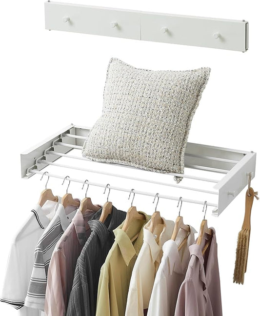 RFOUO Wall Mounted Clothes Drying Rack,White 31.5" with Hooks | Foldable,Space saver Drying Rack for Laundry Balcony Bathroom, 5 Aluminum Rods, 60 lb Capacity