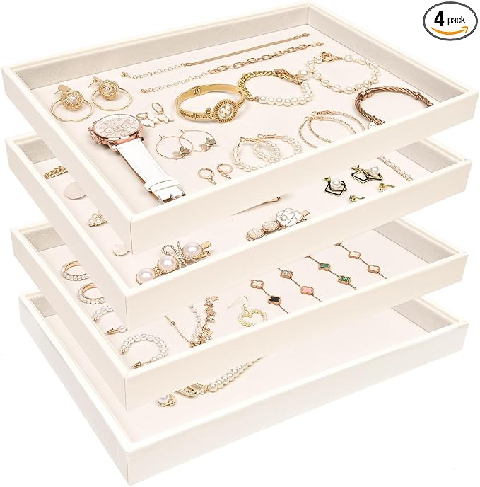 Beige Velvet Jewelry Trays for Drawers Black Jewelrys Display Tray Stackable Jewelry Organizer Trays for Necklace Bracelet Ring Watch (4 Pack)