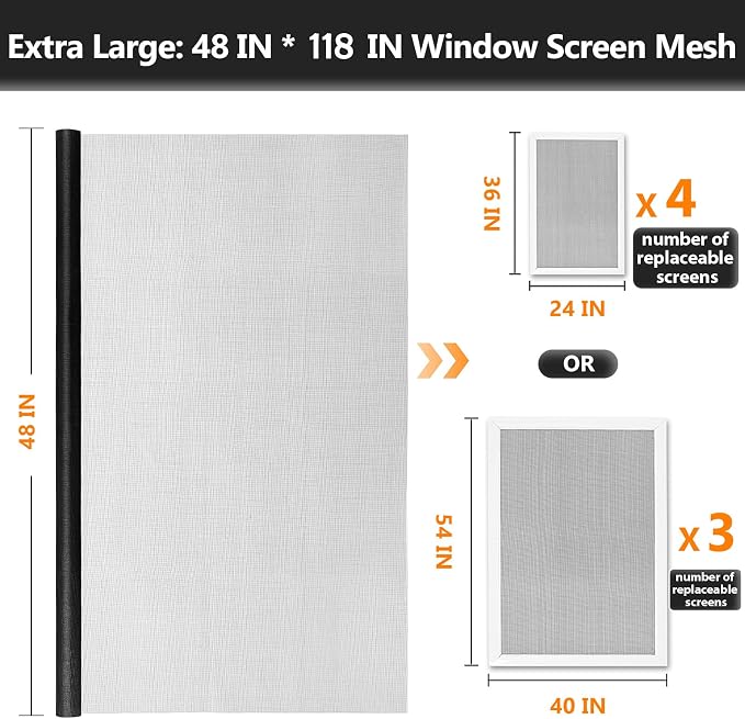Secopad Window Screen Repair Kit, 48" x 118" Screen Door Mesh Replacement Kit, Durable Fiberglass Roll with Tools for Windows Doors Patio and Porch Replacement, Black