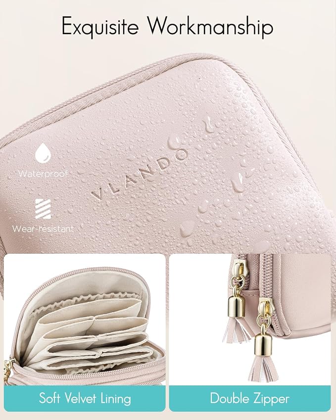 VLANDO 2-Layer Travel Jewelry Organizer for Rings,Earrings,Necklaces | Soft Velvet-Lined Storage with Divided Sections,Giftable Organizer for Summer Trips,Bridesmaids,Daily Use, Apricot Pink