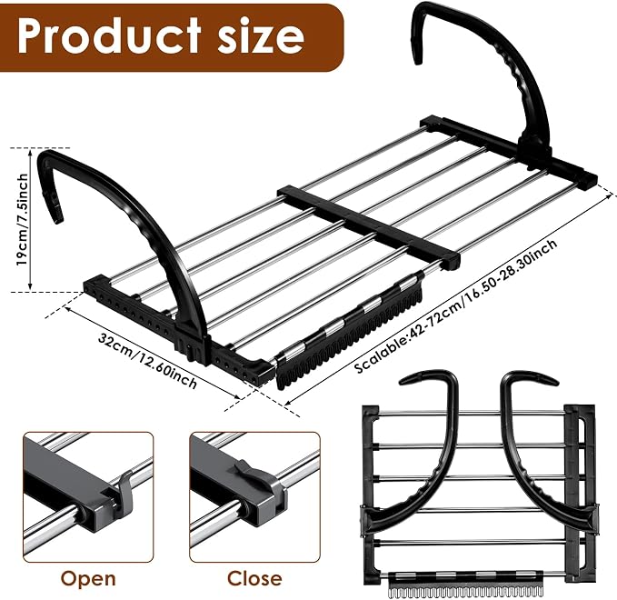 Portable Clothes Drying Rack for Balcony,29"x13" Foldable Railings Windowsill, Retractable Radiator Clothes Airer,Folding Towel Rack Indoor Outdoor Travel RV Laundry Rack with Clips