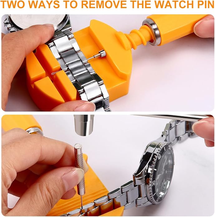 Watch Link Removal Kit，Professional Pin Remover and Band Adjuster | Resizing Tool And Repair Set for Bracelet Adjustment & Replacement with 6 Extra Pins，1 double-head hammer and 1 spring bar