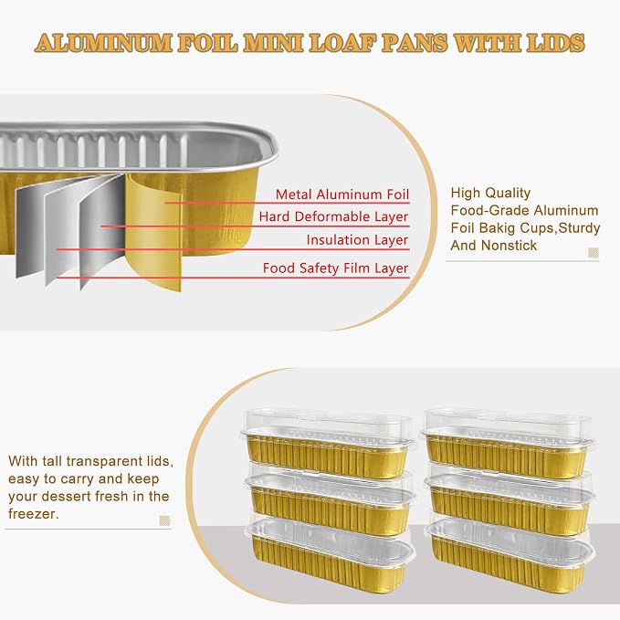Mini Cake Pans with Lids and Spoons 200 Pack, Mini Loaf Pans with lids 6.8oz, Small Disposable Aluminum Foil Loaf Pans, Rectangular Baking Container for Party, Picnics and Housewarming (Gold)