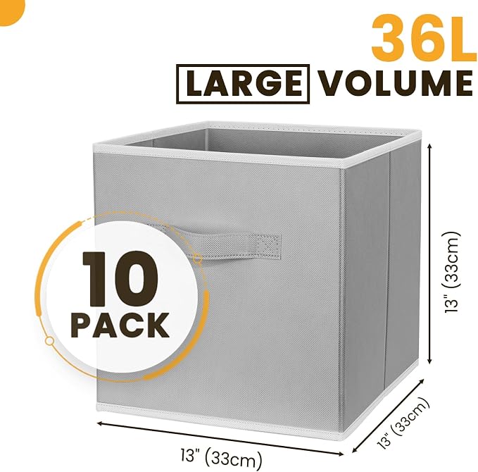 Criusia Large Storage Cubes, 13 Inch Cube Storage Bins for Shelves Closet Nursery Bedroom - 10 Pack Collapsible Storage Baskets with Handles - Fabric Bins for Organizing Magazines Clothes Toys (Grey)