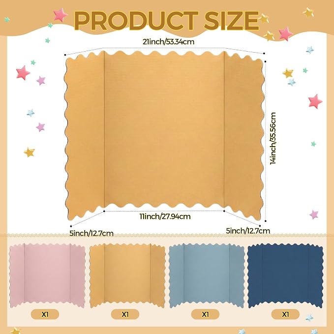 Mooliwe 4 Pack 21" x 14" Trifold Poster Board Boho Color Corrugated Scalloped 3 Fold Small Display Boards Foldable Business Paper Board for Presentation Science Fairs Event School Projects